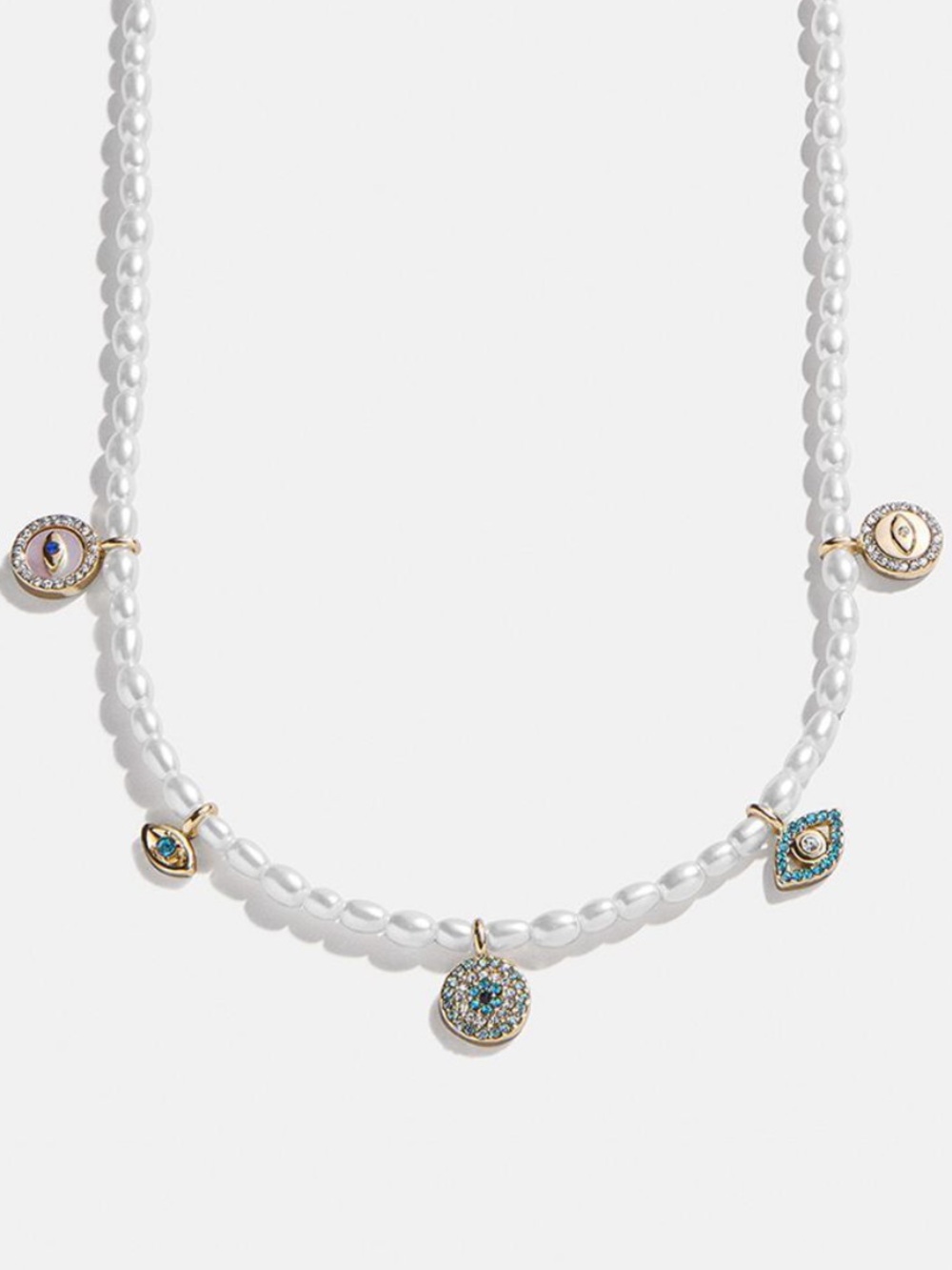 BaubleBar Frida Evil Eye White Pearl Necklace with Blue, CZ, Gold Charm Accents